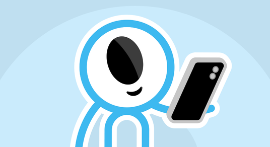Cartoon character holding a smartphone on a light blue background