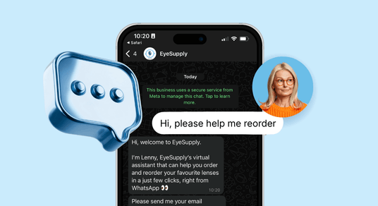 Phone screen with EyeSupply chat interface on a light blue background