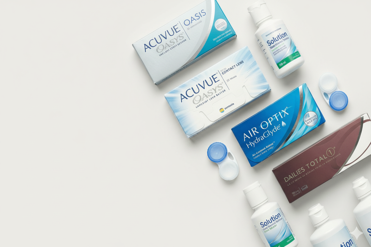 Collection of Acuvue and Air Optix contact lens packaging with solution bottles on a light gray background.