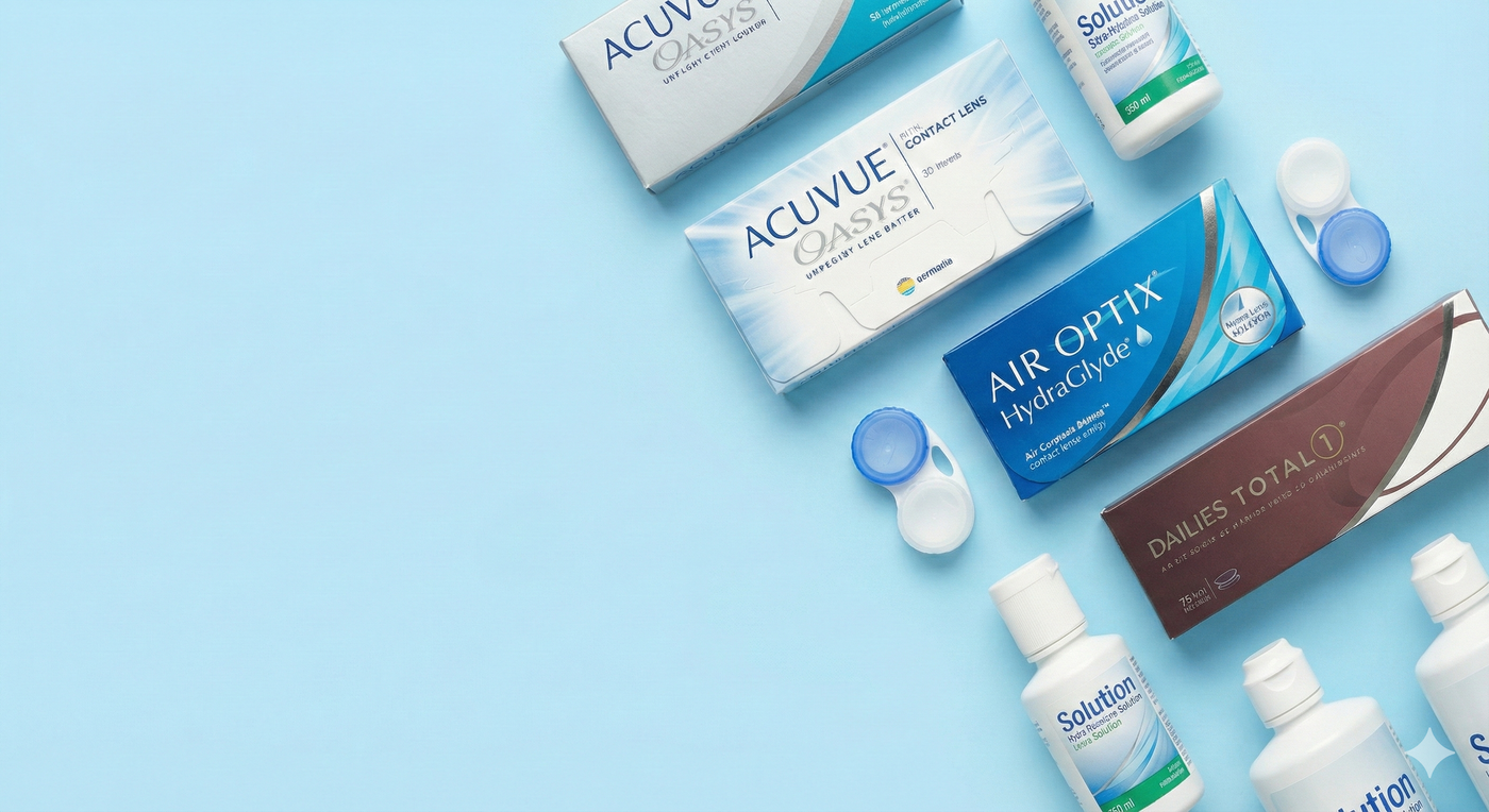 Collection of contact lens products including boxes and solution bottles on a light blue background