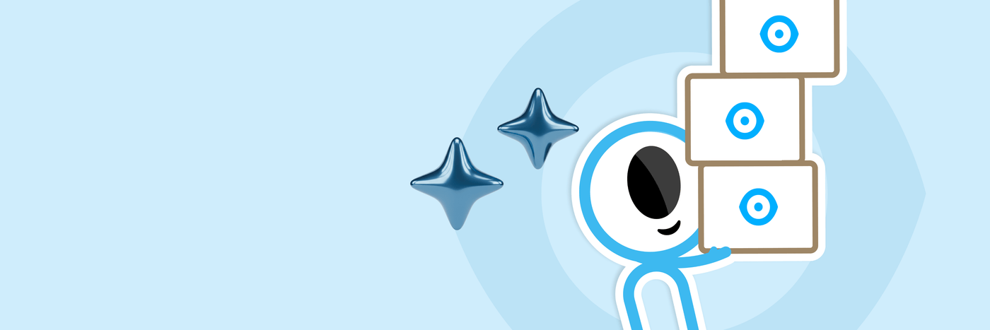 Cartoon character holding blocks with blue circles on a light blue background