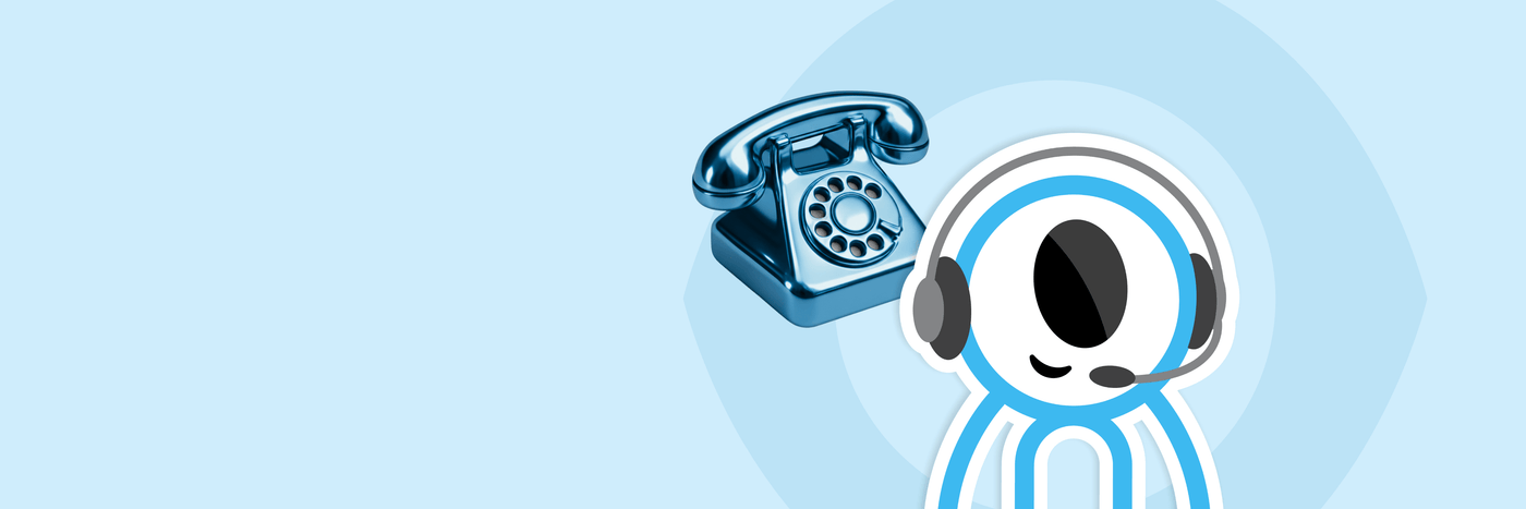 Illustration of a vintage phone and a cartoon character with headphones on a light blue background