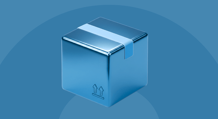 Blue metallic cube with a reflective surface on a gradient blue background