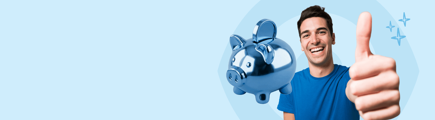 Man giving a thumbs up with a blue piggy bank in the background