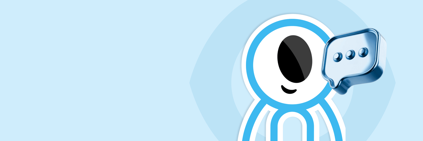 Cartoon character with a speech bubble on a light blue background