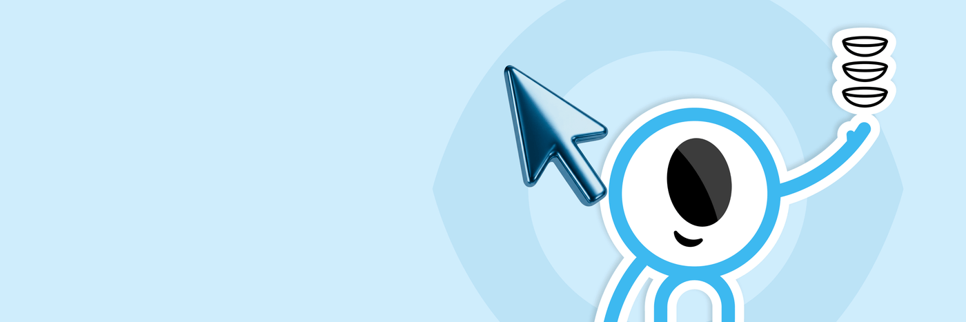 Cartoon character with a pointing finger and a cursor icon on a light blue background