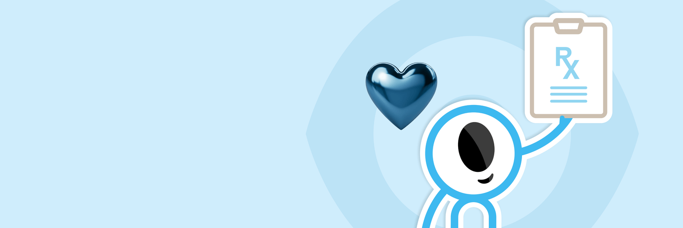 Cartoon character holding a heart and a prescription pad on a blue background