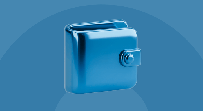 Blue metallic wallet on a blue gradient background