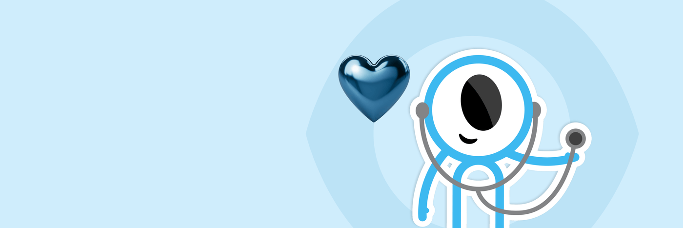 Cartoon character with a stethoscope and heart icon on a light blue background