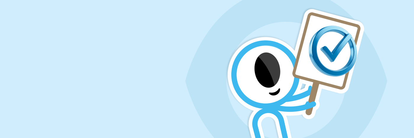 Cartoon character holding a sign with a check mark on a light blue background