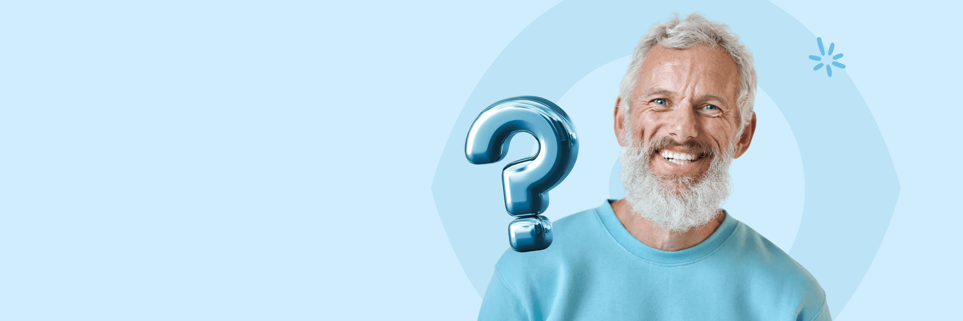 Man with a beard and blue shirt next to a question mark on a light blue background
