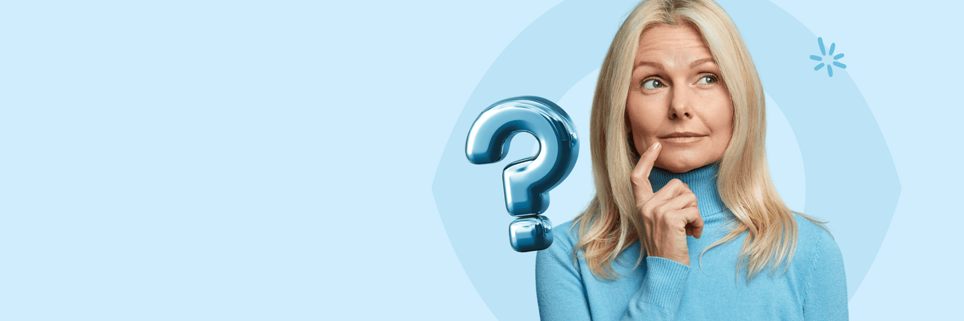 Woman with a thinking expression and a question mark on a blue background