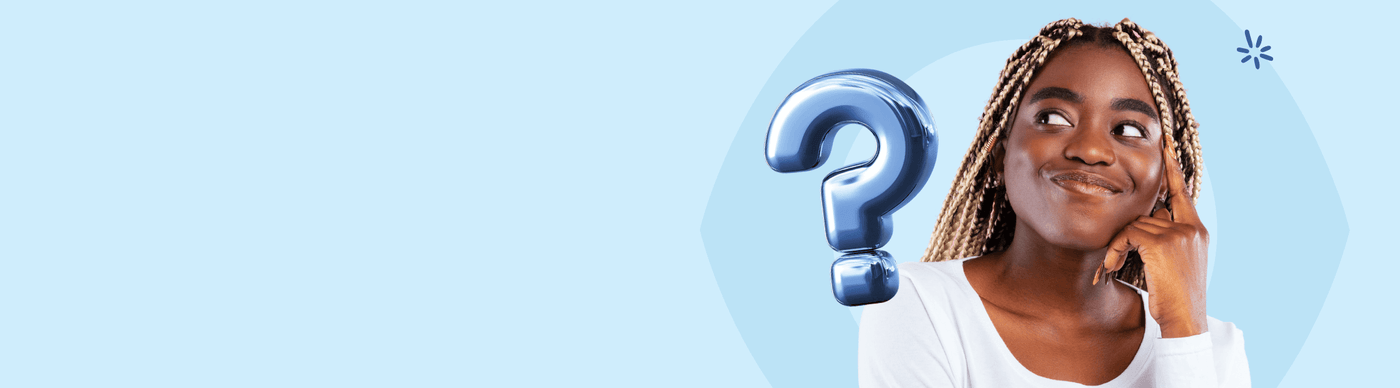 Woman with braided hair and a question mark symbol on a light blue background