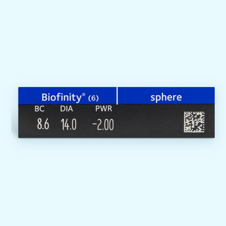 Biofinity 6 Pack contact lenses — prescription and lens specifications